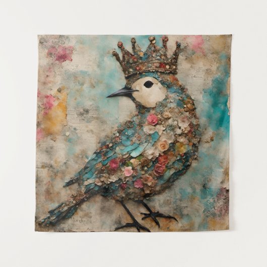 Vogel in een Crown Mixed Media Collage Wandkleed (Voorkant)