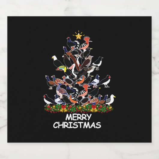 Vogel Kerstboom Vrolijk Kerstfeest Sparkling Wijnetiket (Enkel label)