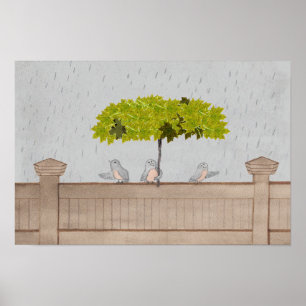 Vogel Kunst 3 Vogels in de regen Poster