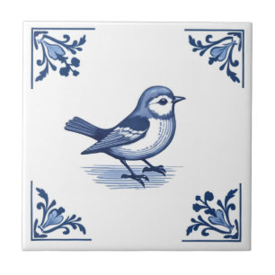Vogel met Delfts Blauw en Witte Bloemhoeken Tegeltje