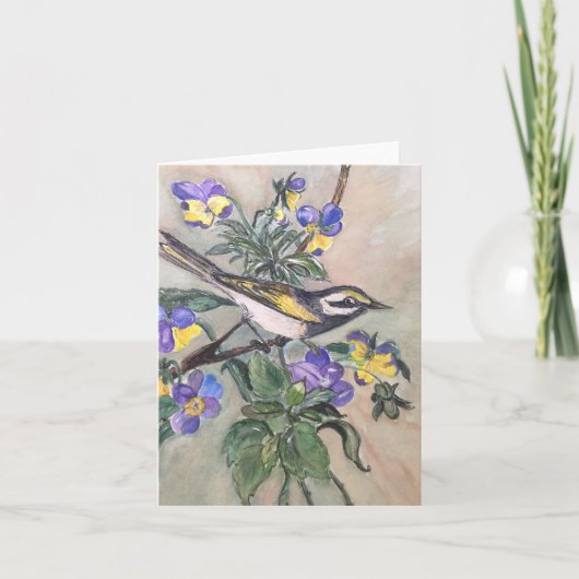 Vogel met pansies notecard kaart (Voorkant)
