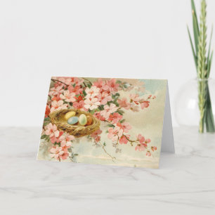 Vogel Nest Roze Bloem Tak Vintage Lente Pasen Kaart