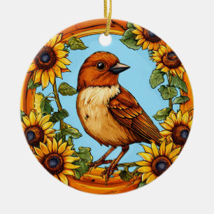 Vogel omlijst door levendige bloemen keramisch ornament