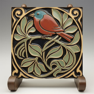 Vogel op Bloemen Art Deco Nieuw Kunst Faux Reliëf Tegeltje