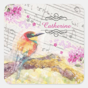 vogel op boomroze bloemen ontkoppelen vierkante sticker
