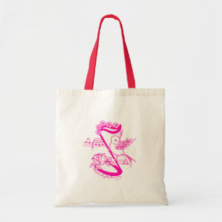 Vogel op een muzieknoot met roze bloemen tote bag