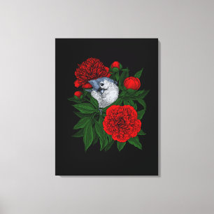 Vogel op een rood pioenboeket canvas afdruk
