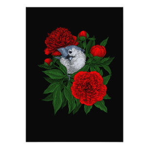 Vogel op een rood pioenboeket foto afdruk
