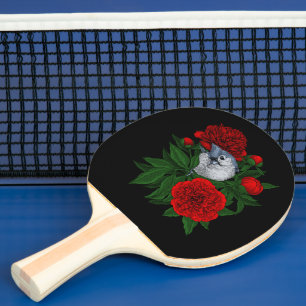 Vogel op een rood pioenboeket tafeltennisbatje