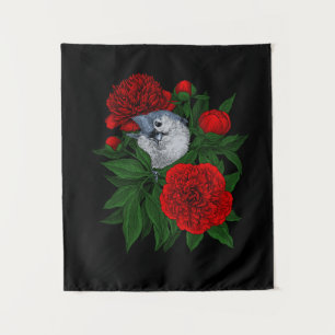 Vogel op een rood pioenboeket wandkleed