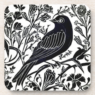 Vogel op een tak met bloemen in zwart en wit bier onderzetter
