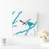 Vogel op een tak Silhouette_Turquoise Vierkante Klok (Huis)