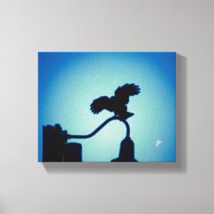 Vogel op Gebogen Lantaarnpaal Blauwe Halo Kunst Canvas Afdruk