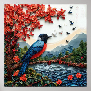 Vogel op Sakuratak Natur Decoratie Print
