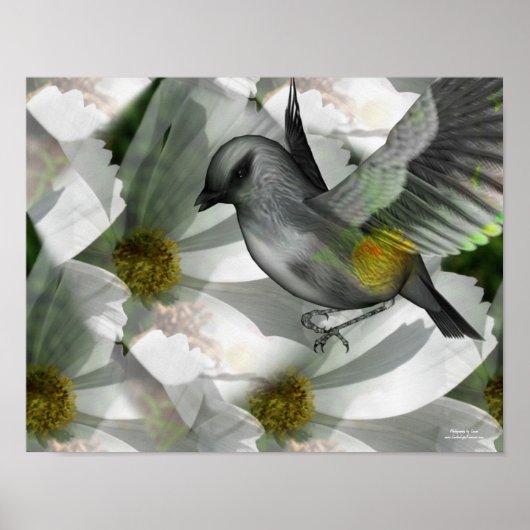 Vogel op White Cosmos Fantasy Art Poster (Voorkant)