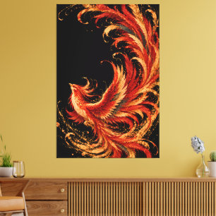 Vogel Phoenix in Rood en Goud – Zwarte Fantasie Ku Canvas Afdruk