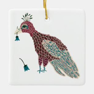 Vogel rood met blauwe bloemen keramisch ornament
