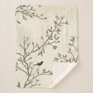 Vogel Tak Aquarel Beige Natuur Schilderij Sherpa Deken