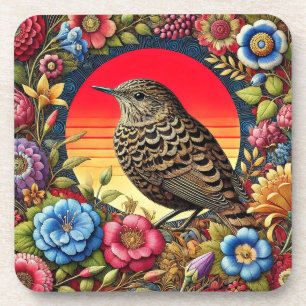 Vogel te midden van kleurrijke bloemen bier onderzetter