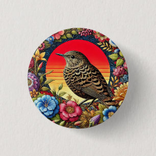 Vogel te midden van kleurrijke bloemen ronde button 3,2 cm