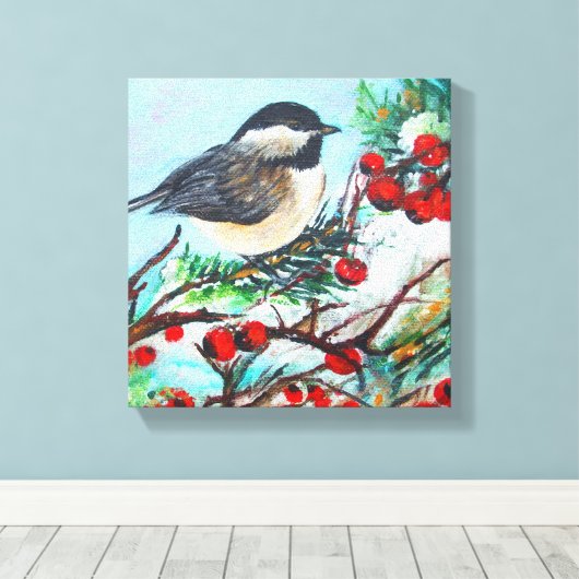 Vogel van Chickadee met bessen op bijkantoor Canvas Afdruk (Insitu (Houten vloer))