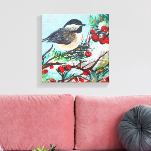 Vogel van Chickadee met bessen op bijkantoor Canvas Afdruk (Insitu (Woonkamer))