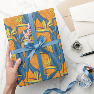 Vogel van paradijse bloemen op sinaasappel cadeaupapier