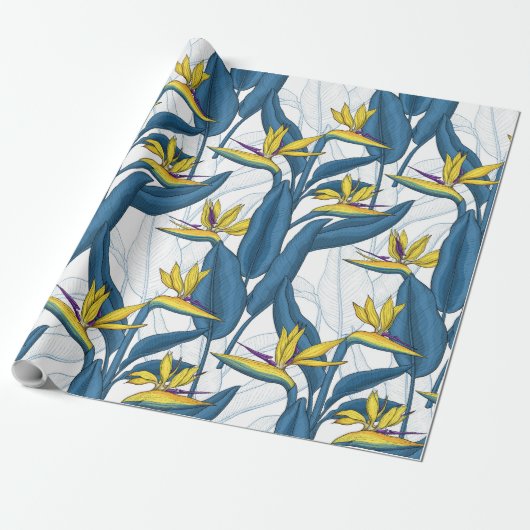 Vogel van paradijse bloemen op wit cadeaupapier (Uitgerold)