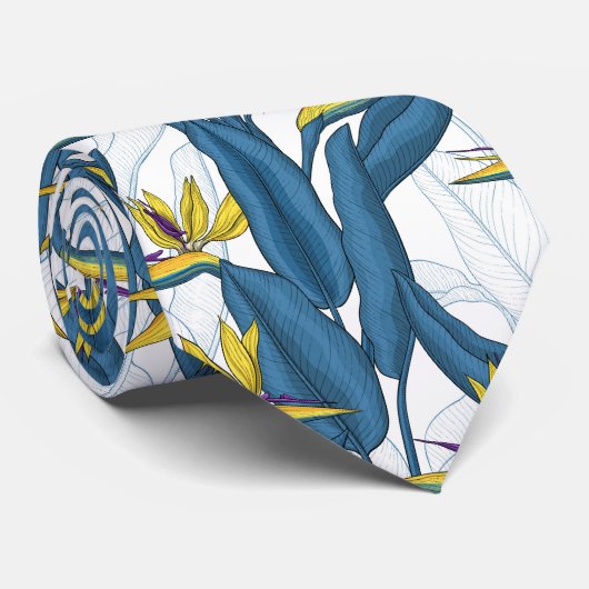 Vogel van paradijse bloemen op wit stropdas (Opgerold)