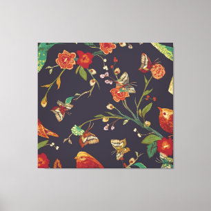 Vogel, Vlinder, Borduurwerk Waterverf. Canvas Afdruk
