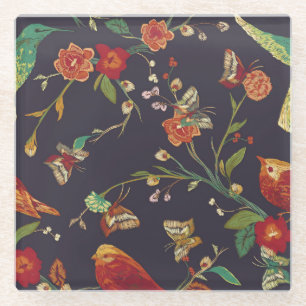  Vogel, Vlinder, Borduurwerk Waterverf. Glazen Onderzetter