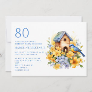Vogel Vogelhuis Blauw Geel Bloemen 80e Verjaardag Kaart