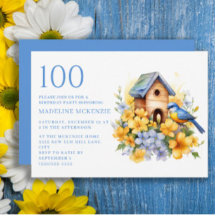Vogel Vogelhuis Blauw Gele Bloemen 100ste Verjaard Kaart