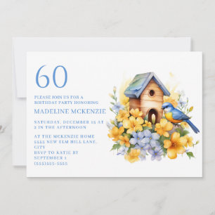 Vogel Vogelhuisje Blauwe Gele Bloemen 60e Verjaard Kaart
