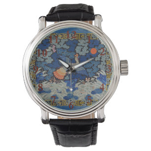 Vogelblauw Chinees borduurwerk  Horloge