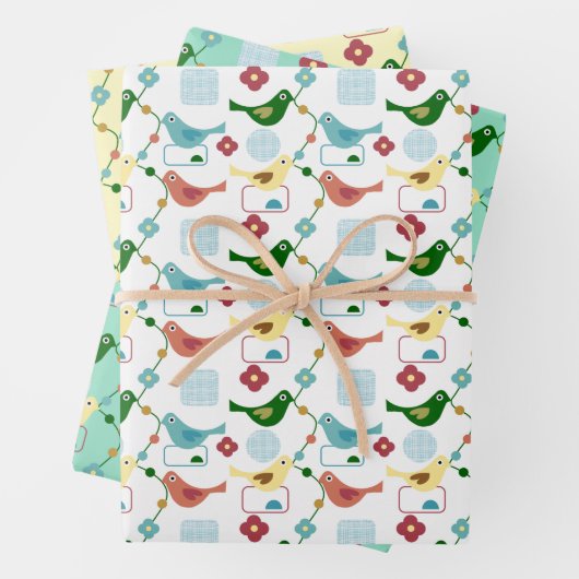 Vogelbloemen Retro Modern mid-century Patroon Inpakpapier Vel (In situ)