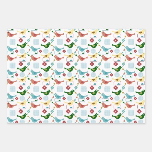 Vogelbloemen Retro Modern mid-century Patroon Inpakpapier Vel (Voorkant)