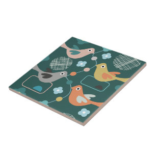 Vogelbloemen Retro Modern mid-century Patroon Tegeltje