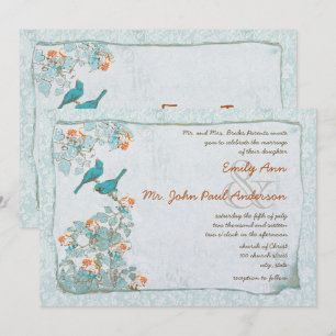  vogelgriep en Oranje Damask Wedding Kaart