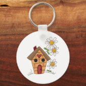 Vogelhuis met madeliefjes en hart volkskunst sleutelhanger (Voorkant)