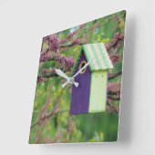 Vogelhuis op een roodbaars vierkante klok (Hoek)