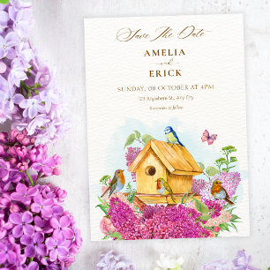 Vogelhuisje bloemige bruiloft save the date