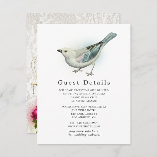   Vogelkooi Kant Bruiloft Gast Details Informatiekaartje (Voorkant / Achterkant)