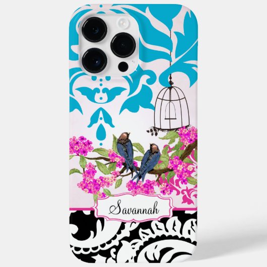 Vogelkooi Liefde Vogel Roze Aqua Damask iPhone Cas Case-Mate iPhone Case (Achterkant)
