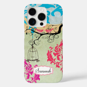Vogelkooi Vogel Roze Koraal Aqua Damask iPhone 16 Pro Hoesje