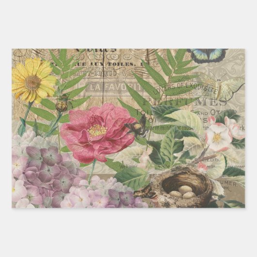 Vogelnest bloementuin Bloemvlinderkunst Inpakpapier Vel (Voorkant)