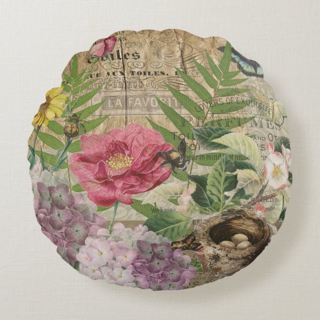 Vogelnest bloementuin Bloemvlinderkunst Rond Kussen (Voorkant)