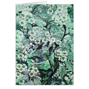 VOGELNEST, BOOM MET GROENE WITTE LENTE BLOEMEN