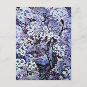 VOGELNEST, BOOM MET WITTE BLAUWE LENTE BLOEMEN AANKONDIGINGSKAART