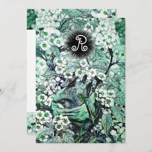 VOGELNEST, BOOM, WITTE BLAUWE LENTE BLOEMEN MONOGR AANKONDIGING (Voorkant / Achterkant)